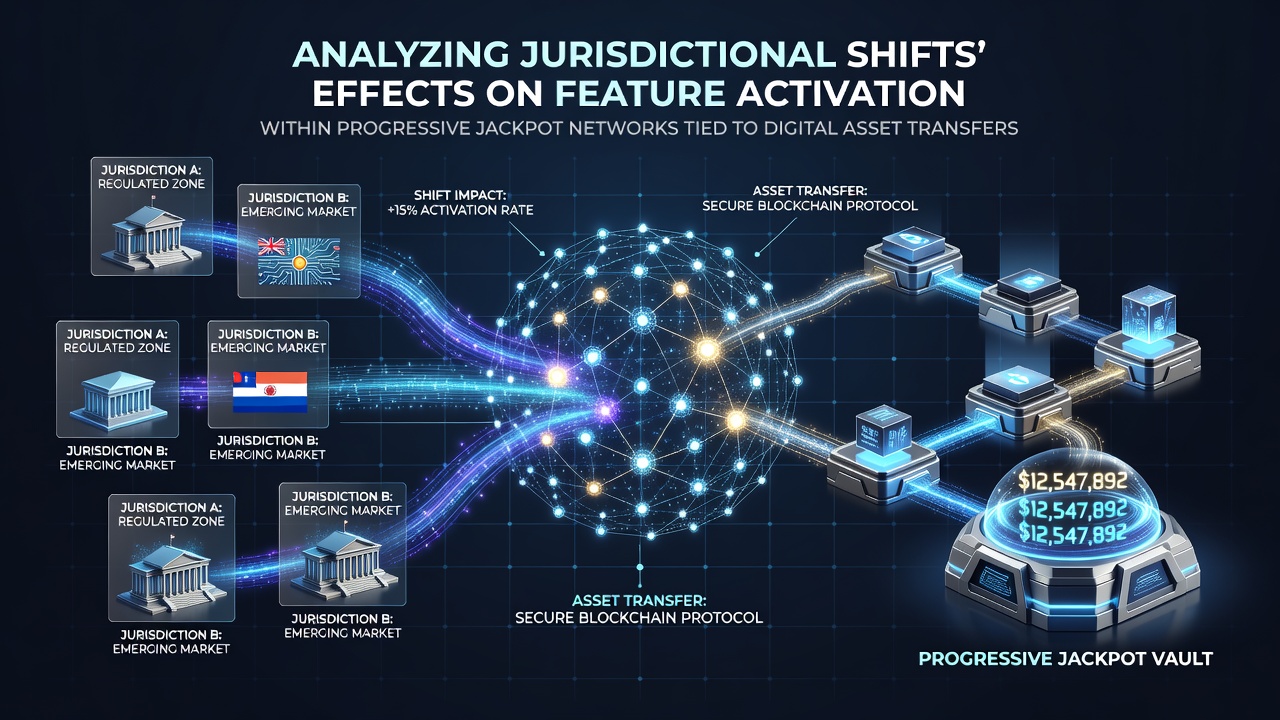 Network diagram showing progressive jackpot connections across jurisdictions with digital asset transfer nodes