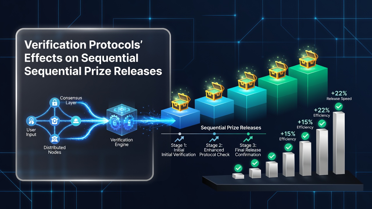Diagram illustrating verification protocols in distributed gaming networks with sequential prize release pathways