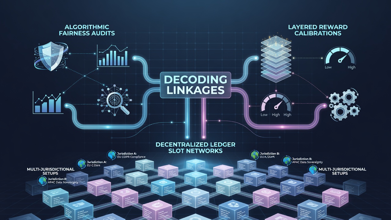 Visual representation of algorithmic fairness audits intersecting with blockchain-based slot reward systems across global jurisdictions