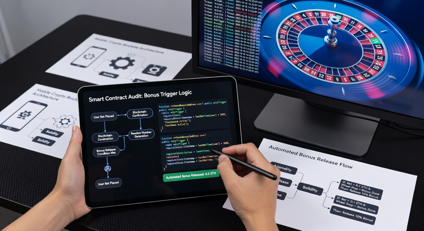 Regulatory compliance checklist overlay on mobile crypto roulette interface showing bonus trigger verification
