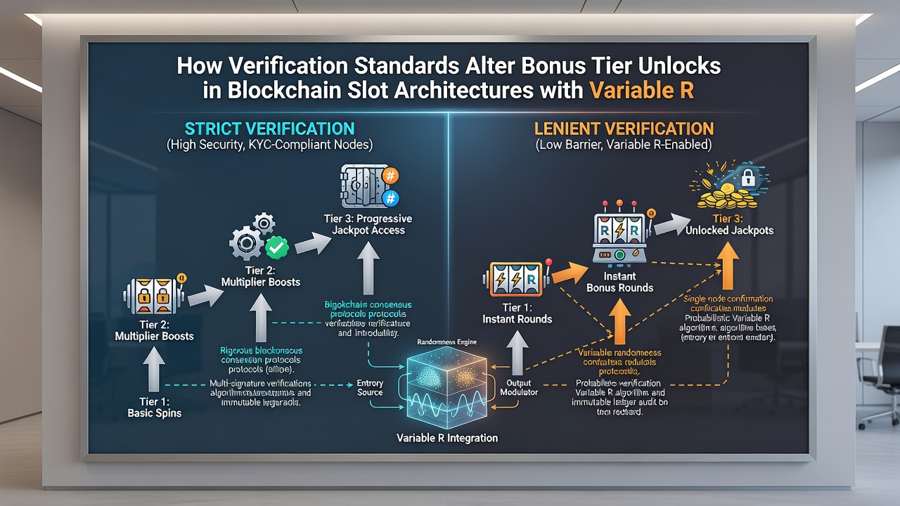 Diagram illustrating smart contract flows between verification status, bonus tier progression, and dynamic reel configurations