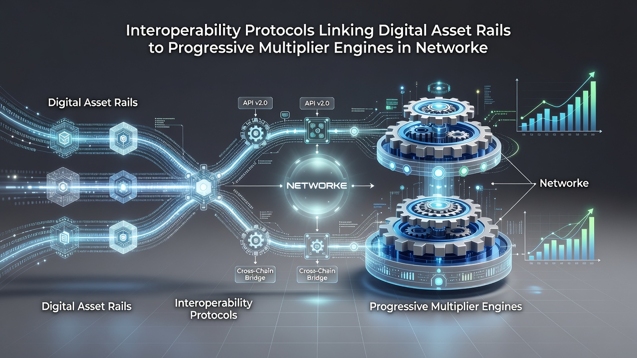 Network diagram illustrating protocol layers connecting asset transfers to simulation engines