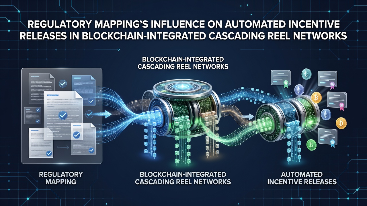 Diagram showing regulatory mapping layers over blockchain-integrated cascading reel slot networks with automated incentive flows