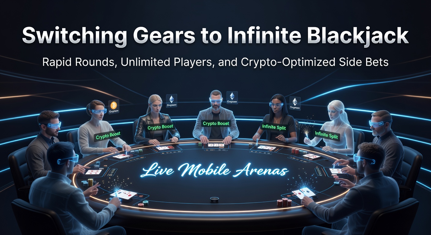 Live dealer at Infinite Blackjack table with multiple player interfaces on mobile screens, highlighting rapid rounds and side bet options