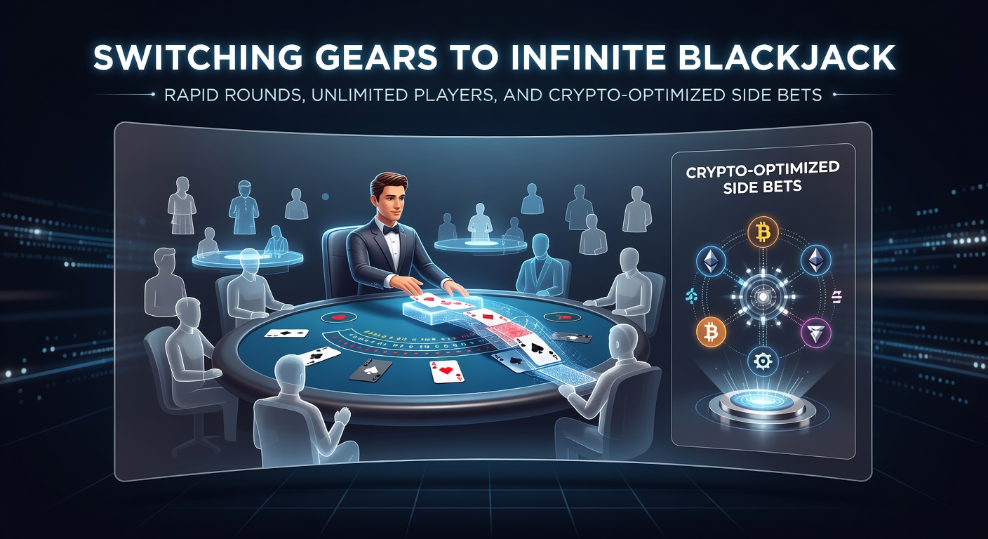 Mobile phone displaying Infinite Blackjack interface with crypto wallet integration, side bets active, and live dealer visible
