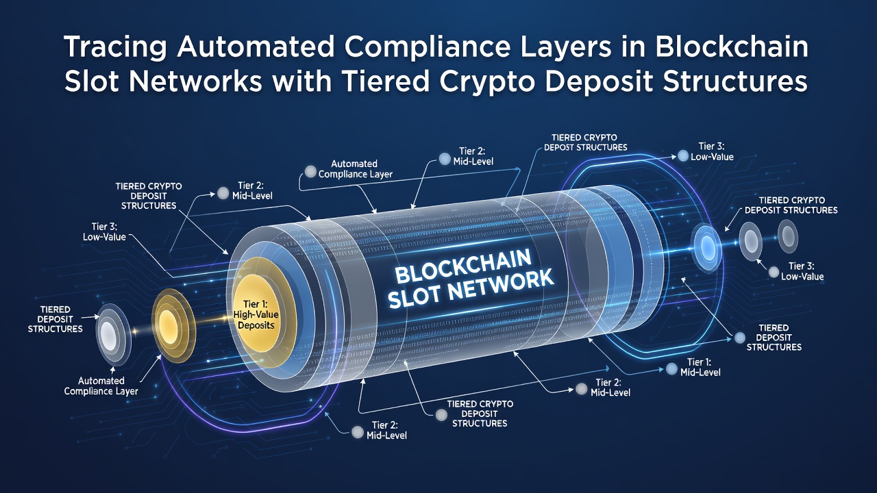 Diagram showing blockchain slot network architecture with automated compliance layers and tiered crypto deposit flows