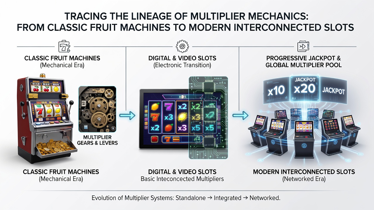 Networked slot floor showing interconnected terminals with real-time multiplier displays and shared progressive pools